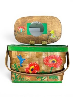 Hand-Painted Green Trim Woven Satchel with Floral Motif